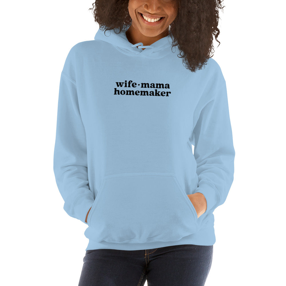 Wife Mama Homemaker Embroidered Hoodie in Blue