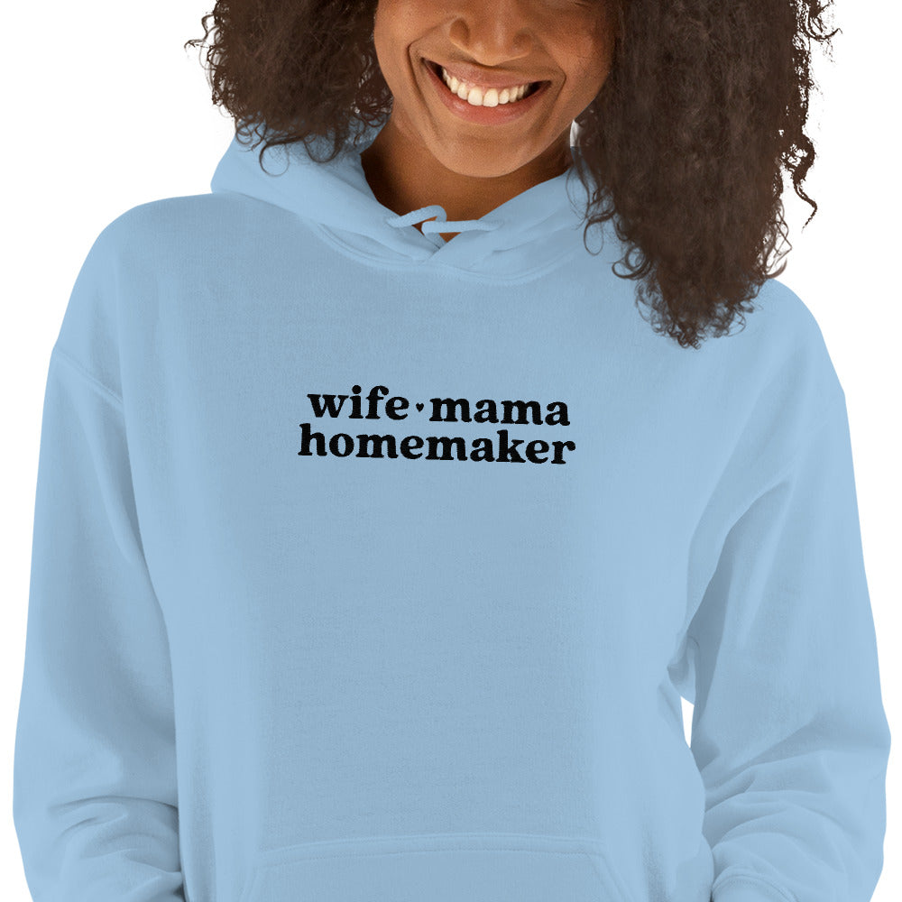 Wife Mama Homemaker Embroidered Hoodie in Blue